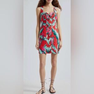 Farm Rio Summer Foliage Linen Mini Dress XS Button Front Tropical Crossback Red